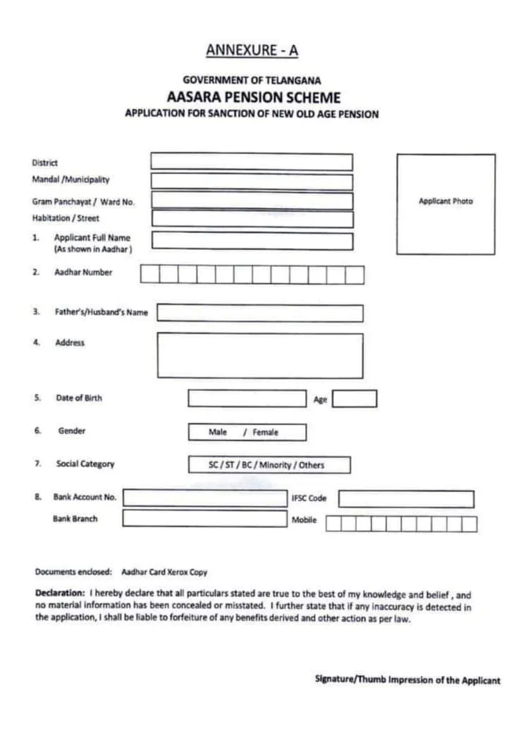 Aasara Pension Scheme Application (Old Age Pension) PDF Form